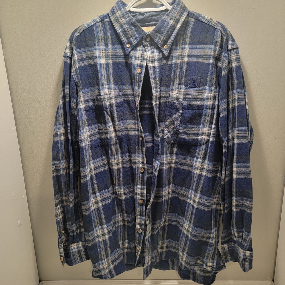 Men's CAT Bramd Blue Plaid Button Down Shirt Flannel